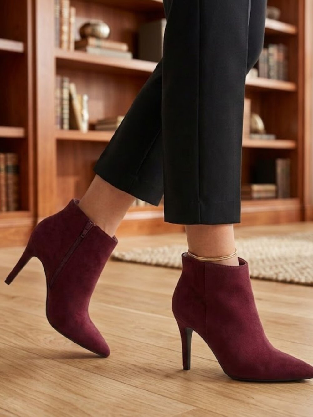 NEW Faux Suede Leather Burgundy Pointy Toe Ankle High Heel Boots Size 7.5